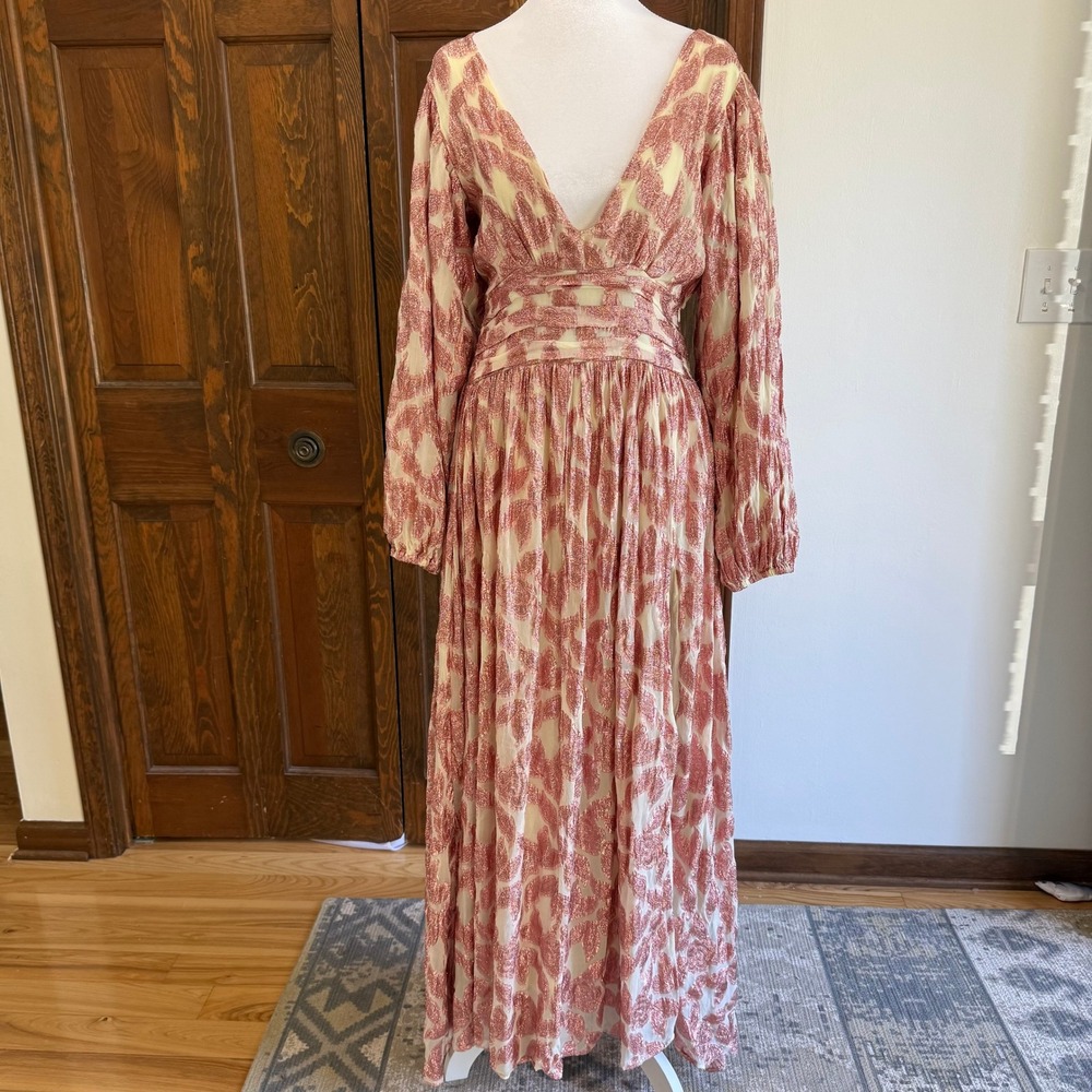 Jen's Pirate Booty Maxi Dress Sz Large Rose Gold Metallic Floral Gown *FLAW